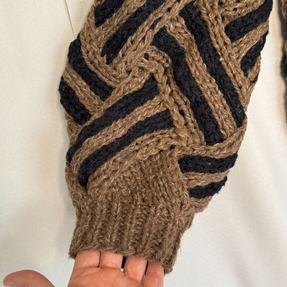 80s Vintage Saturdays Black Brown Twisted Chunky Knit Ballon Sleeve Sweater - Picture 4 of 10